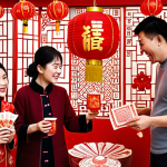 **

A vibrant Chinese New Year scene. A modern family gathers, surrounded by red decorations (lanterns, paper cuttings), admiring a limited-edition product with a traditional Chinese paper-cut design. Social media icons subtly float in the background, showing posts praising the product's "Chinese flavor." Focus on the joyful expressions and the integration of tradition with a contemporary product.

**