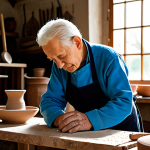 A wise, elderly artisan, fully clothed in a modest, traditional garment and apron, meticulously hand-crafting a ceramic vase in a sunlit, rustic workshop. Natural clay and traditional tools are neatly arranged on a wooden workbench. The scene emphasizes dedication to craft and cultural heritage, with a focus on well-formed hands expertly shaping the material. safe for work, appropriate content, fully clothed, professional dress, perfect anatomy, correct proportions, natural pose, well-formed hands, proper finger count, natural body proportions, professional photography, high quality, family-friendly.