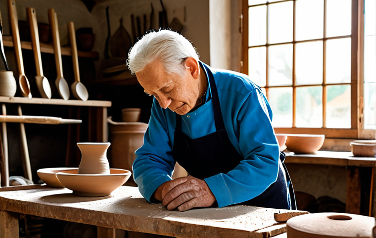 A wise, elderly artisan, fully clothed in a modest, traditional garment and apron, meticulously hand-crafting a ceramic vase in a sunlit, rustic workshop. Natural clay and traditional tools are neatly arranged on a wooden workbench. The scene emphasizes dedication to craft and cultural heritage, with a focus on well-formed hands expertly shaping the material. safe for work, appropriate content, fully clothed, professional dress, perfect anatomy, correct proportions, natural pose, well-formed hands, proper finger count, natural body proportions, professional photography, high quality, family-friendly.