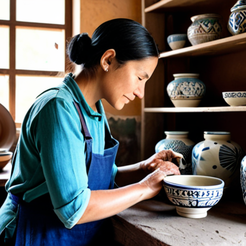**
"A craftswoman in a rural workshop, fully clothed in modest attire, carefully hand-painting a ceramic piece with traditional patterns inspired by her local region. Shelves behind her display finished pottery. Natural light streams in. Safe for work, appropriate content, perfect anatomy, correct proportions, well-formed hands, professional, family-friendly, high quality."
**