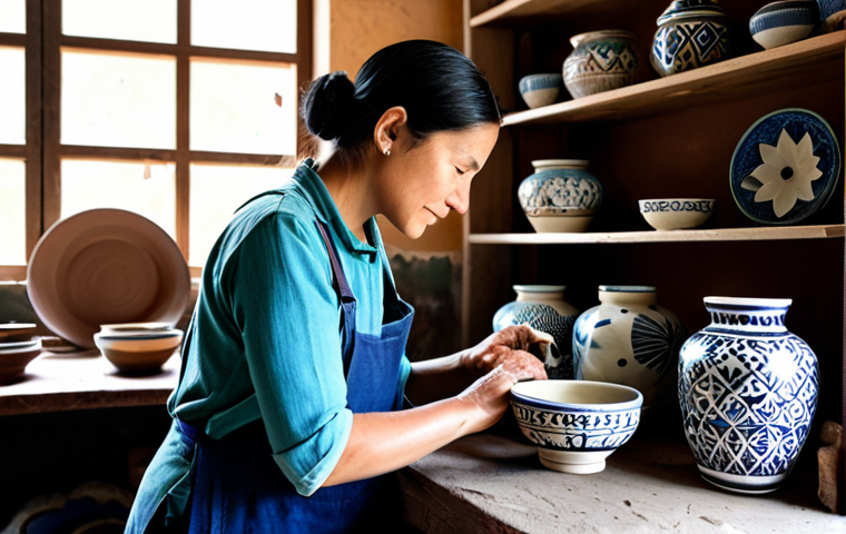 **

"A craftswoman in a rural workshop, fully clothed in modest attire, carefully hand-painting a ceramic piece with traditional patterns inspired by her local region. Shelves behind her display finished pottery. Natural light streams in. Safe for work, appropriate content, perfect anatomy, correct proportions, well-formed hands, professional, family-friendly, high quality."

**