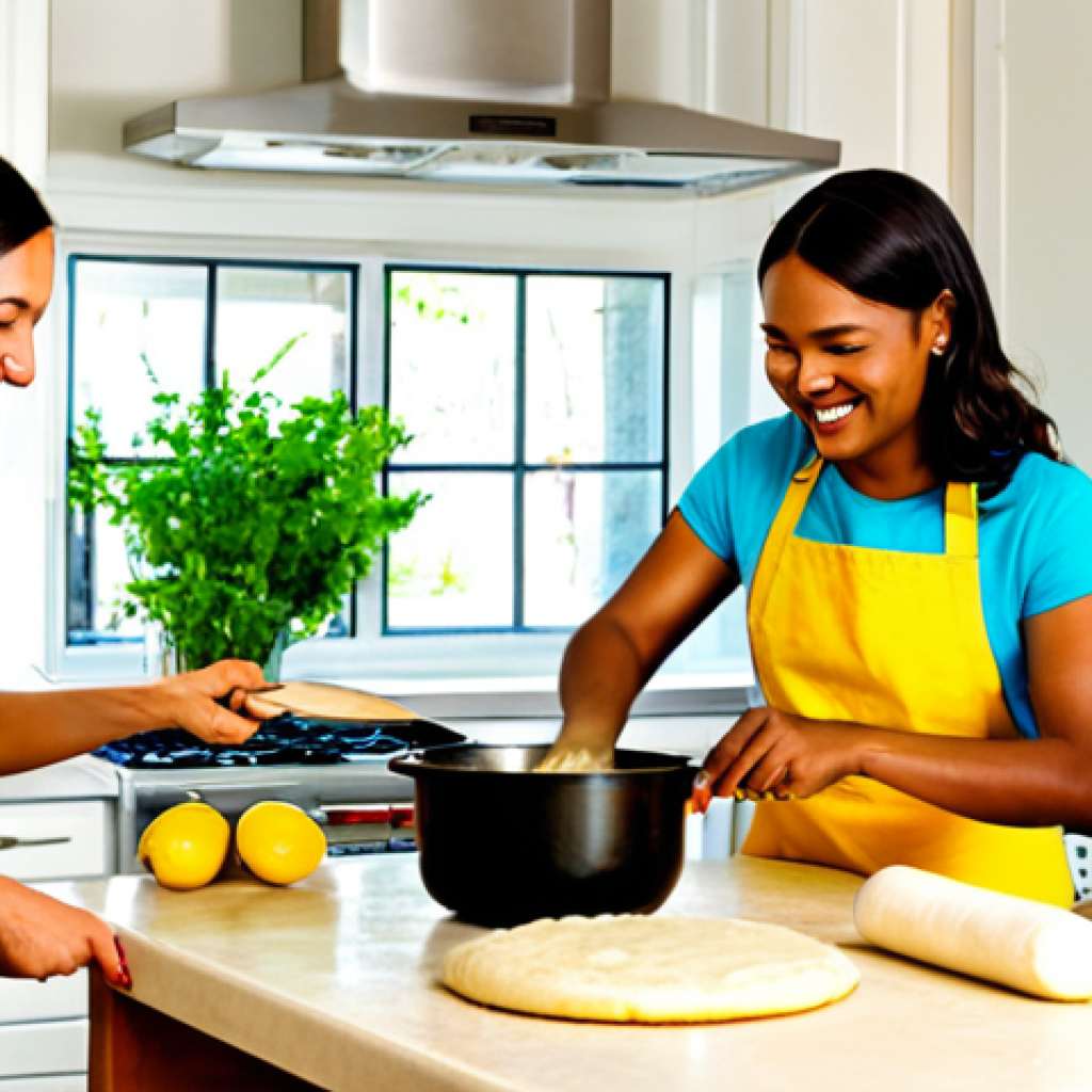 Community Shared Kitchen**
"A bright and inviting community kitchen scene, fully equipped with modern appliances. Several individuals are collaboratively preparing a meal: one woman is chopping vegetables, a man is stirring a pot, and another woman is teaching a young girl how to knead dough. Everyone is smiling and engaged. The kitchen is clean and well-organized, with fresh ingredients visible. Interior shot, warm lighting, focus on community engagement, fully clothed, appropriate attire, safe for work, perfect anatomy, natural proportions, professional, family-friendly, high quality."
**