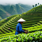 지역생산의 품질 인증 제도 - **

A tea farmer, fully clothed in traditional work attire, tending to tea plants on a hillside plan...