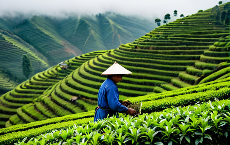지역생산의 품질 인증 제도 - **

A tea farmer, fully clothed in traditional work attire, tending to tea plants on a hillside plan...