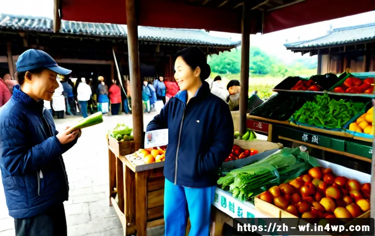 지역생산의 효과적인 홍보 방식 - Photorealistic farmers market promotion scene featuring an East Asian small-scale farmer warmly pres...