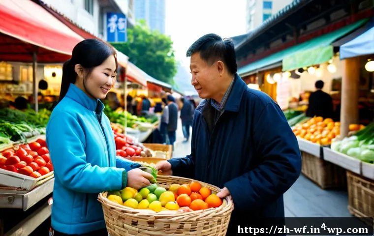 지역생산과 소비자 인식 변화 - Photorealistic farmers market scene in a modern Chinese city, an elderly shopper and a young profess...